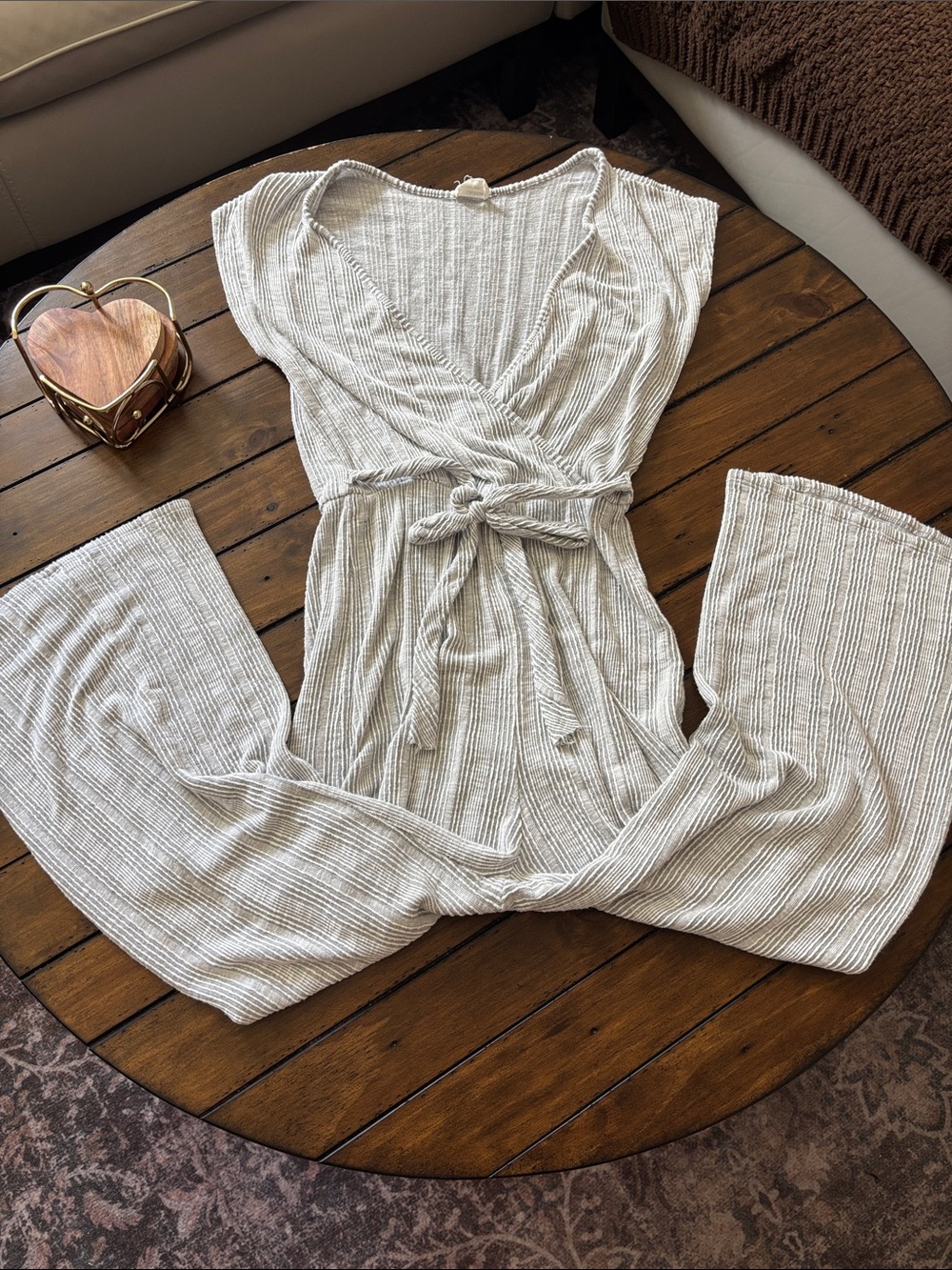 Caution To The Wind Cream Ribbed V-Neck Tie-Waist Jumpsuit with Wide Legs